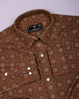Pecan Brown With White Printed Dobby Cotton Shirt
