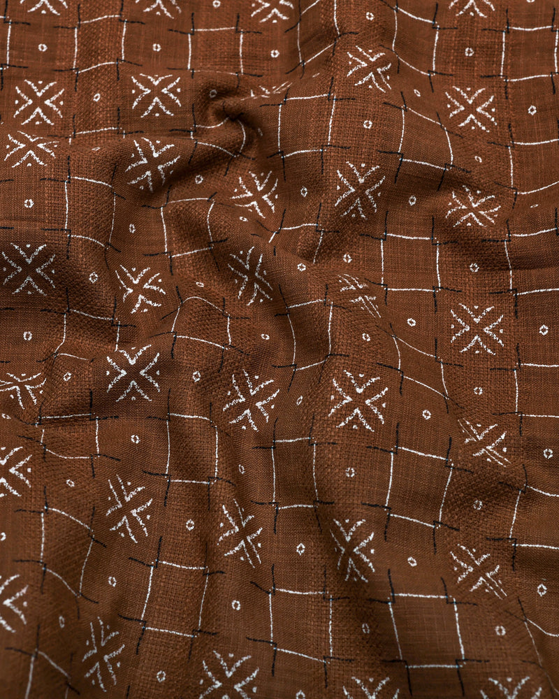 Pecan Brown With White Printed Dobby Cotton Shirt