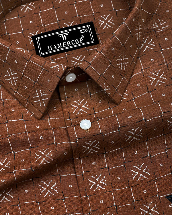 Pecan Brown With White Printed Dobby Cotton Shirt