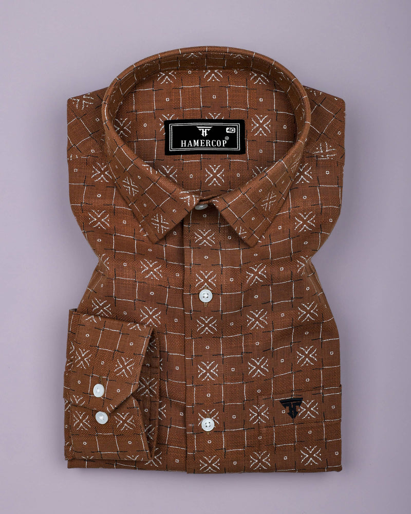 Pecan Brown With White Printed Dobby Cotton Shirt
