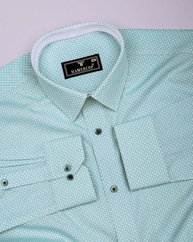 Tromso Mint Green With White Printed Designer Cotton Shirt