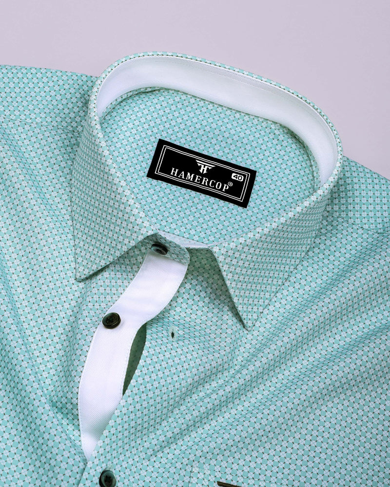 Tromso Mint Green With White Printed Designer Cotton Shirt