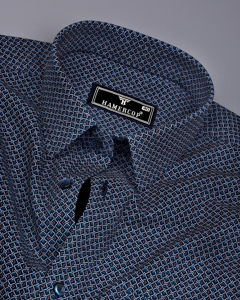 Stivor Blue With White Printed Formal Cotton Shirt