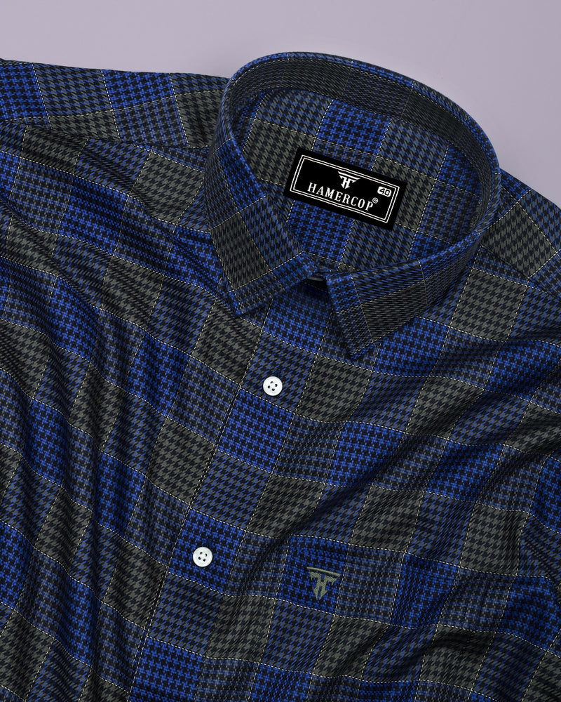 Menston Blue With Green Houndstooth Check Giza Shirt