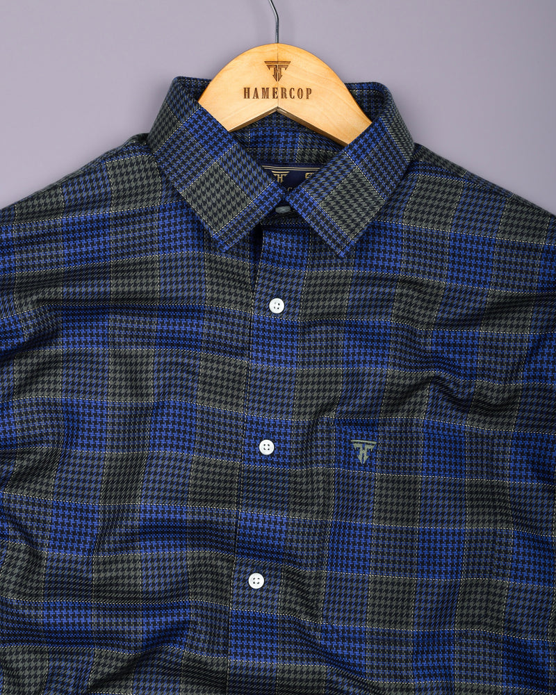 Menston Blue With Green Houndstooth Check Giza Shirt