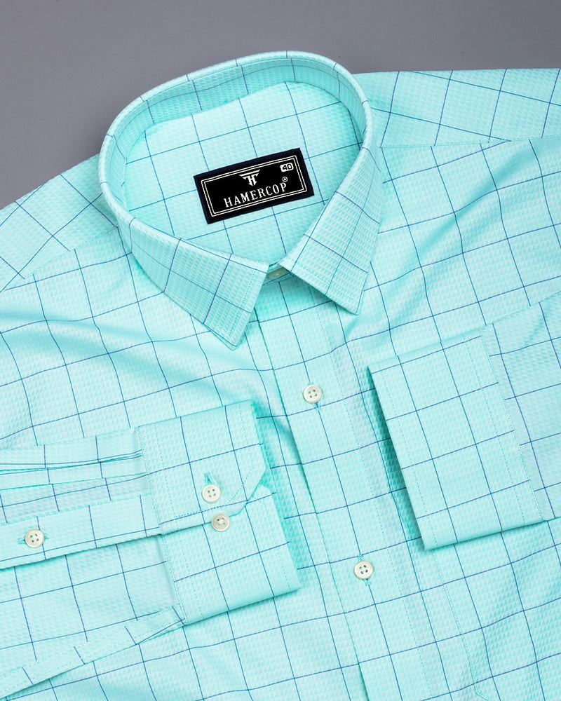 Aqua Green Giza Cotton Shirt with Blue Dobby Checks - Hamercop Aqua Green Giza Cotton Shirt with Blue Dobby Checks - Hamercop