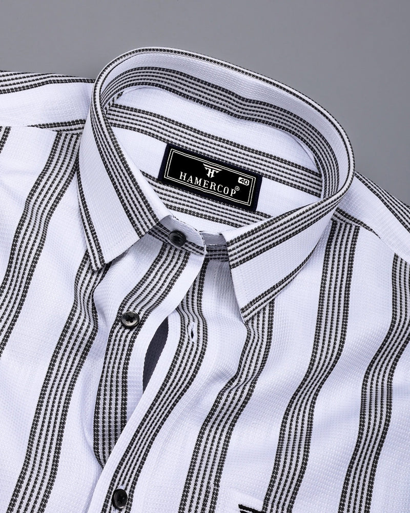 Daho White With Black Waffle Stripe Dobby Cotton Shirt