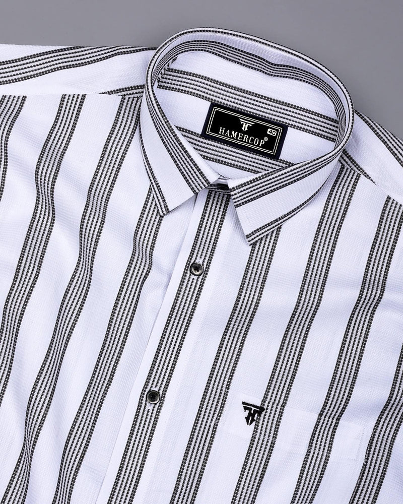 Daho White With Black Waffle Stripe Dobby Cotton Shirt