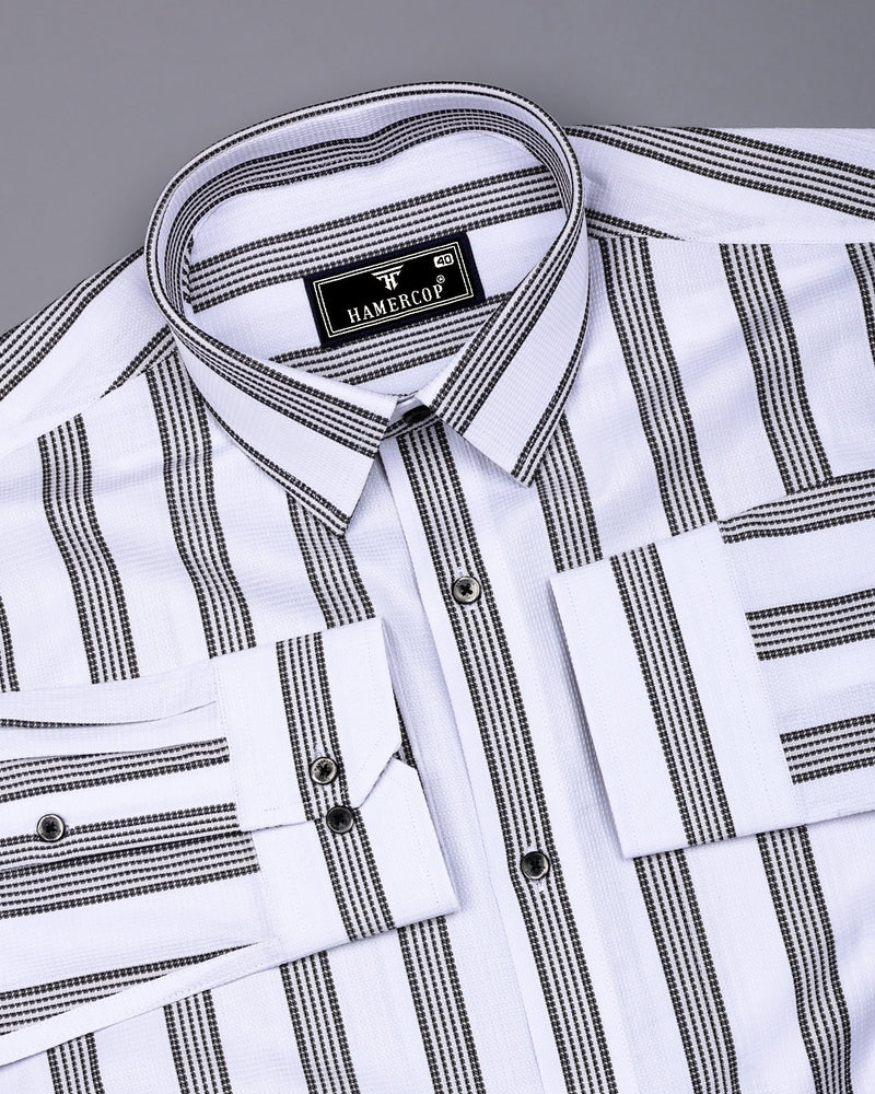 Daho White With Black Waffle Stripe Dobby Cotton Shirt
