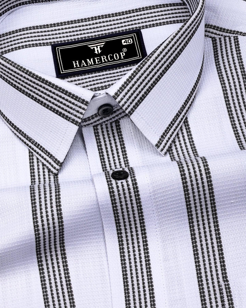 Daho White With Black Waffle Stripe Dobby Cotton Shirt