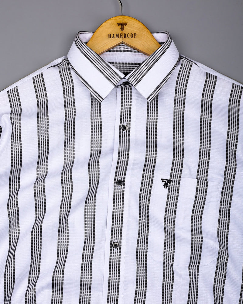Daho White With Black Waffle Stripe Dobby Cotton Shirt