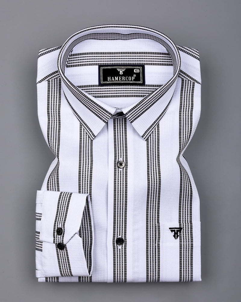 Daho White With Black Waffle Stripe Dobby Cotton Shirt