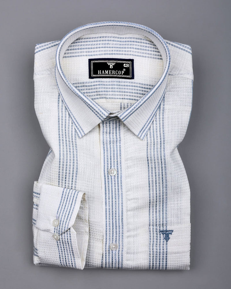 Binary White With Gray Waffle Stripe Dobby Cotton Shirt