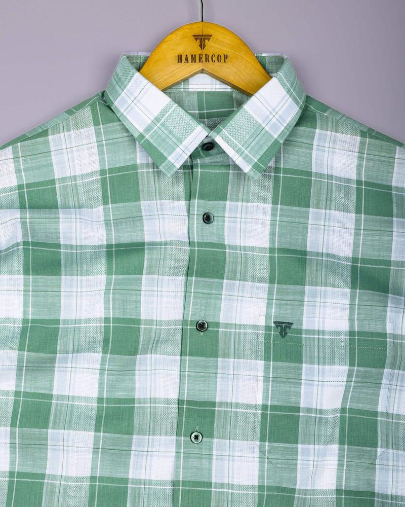 Lupito Green With White Dobby Check Formal Cotton Shirt