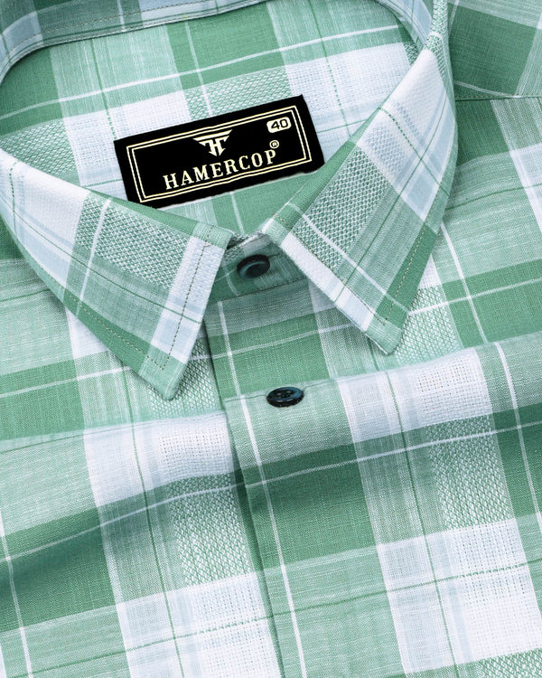 Lupito Green With White Dobby Check Formal Cotton Shirt