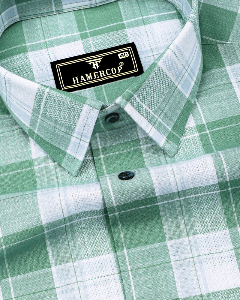 Lupito Green With White Dobby Check Formal Cotton Shirt