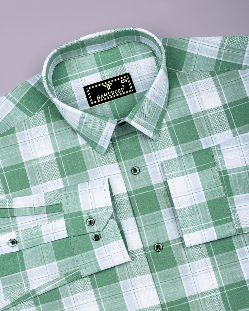 Lupito Green With White Dobby Check Formal Cotton Shirt
