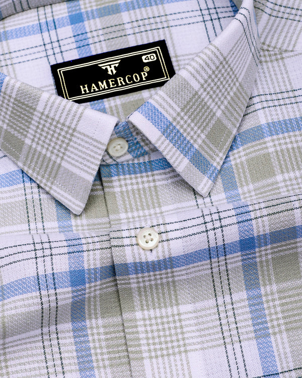 Yuxi Blue With Gray Check Dobby Cotton Formal Shirt