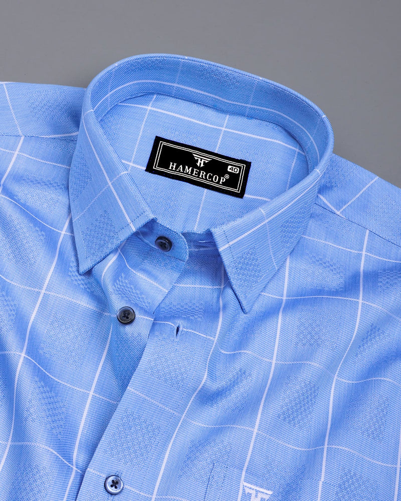 Lunar Blue With White Dobby Check Premium Giza Shirt