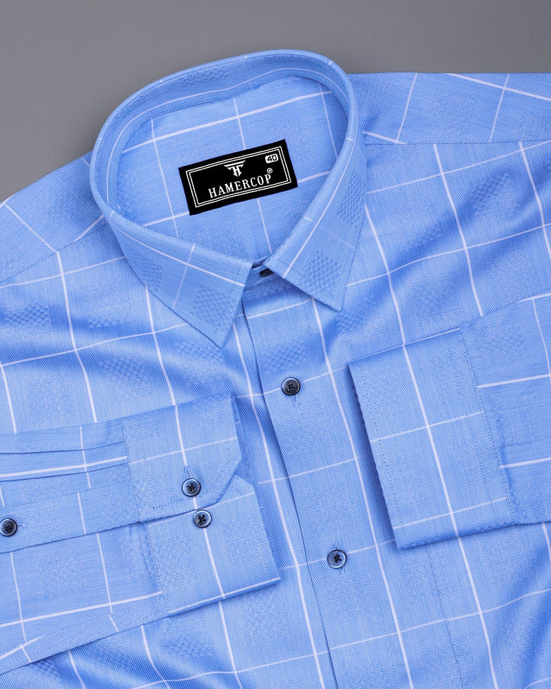 Lunar Blue With White Dobby Check Premium Giza Shirt