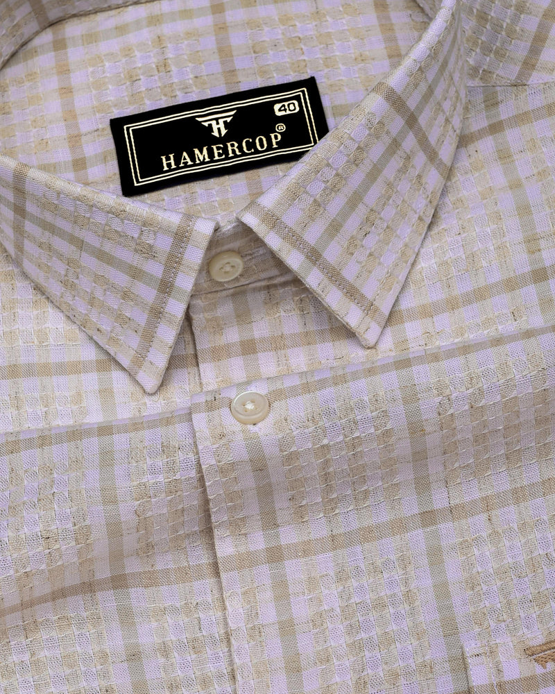 Corsor Cream With White Dobby Check Formal Cotton Shirt