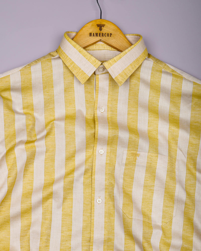 Eclate Yellow With White Stripe Linen Cotton Shirt