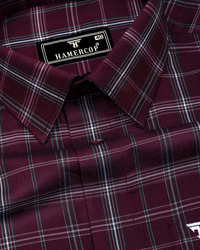 Zuri Wine With White Check Dobby Cotton Shirt
