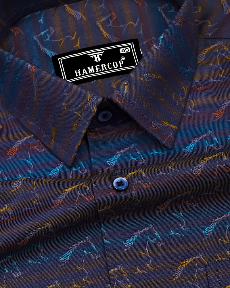 Rangoon Yellow With Blue Stripe Purple Jacquard Cotton Shirt