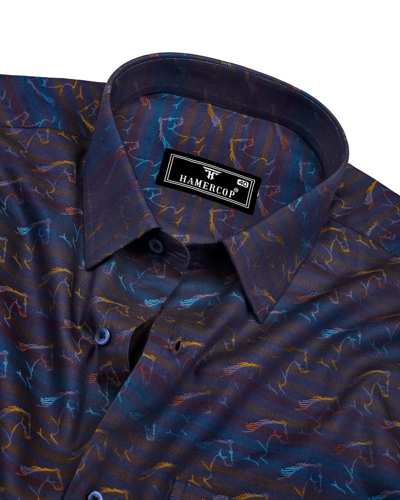 Rangoon Yellow With Blue Stripe Purple Jacquard Cotton Shirt