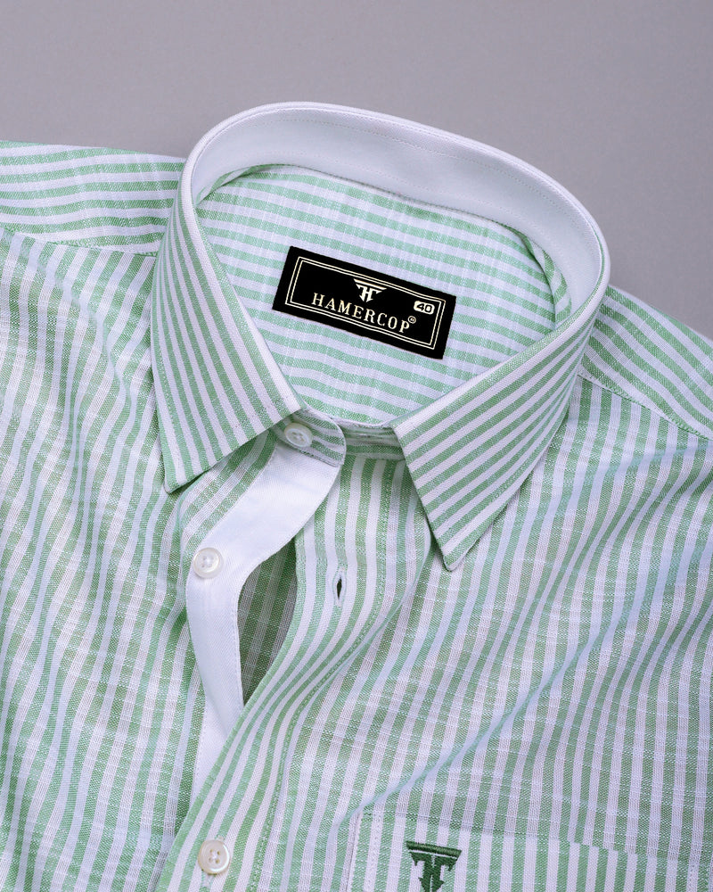 Wexford Green With White Stripe Linen Cotton Designer Shirt