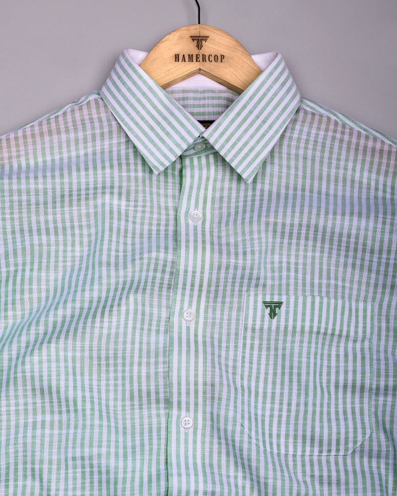 Wexford Green With White Stripe Linen Cotton Designer Shirt