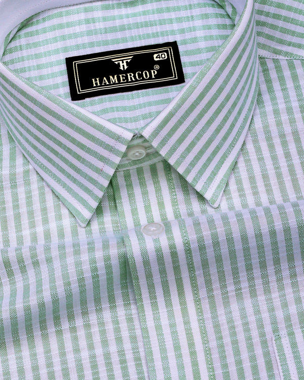 Wexford Green With White Stripe Linen Cotton Designer Shirt
