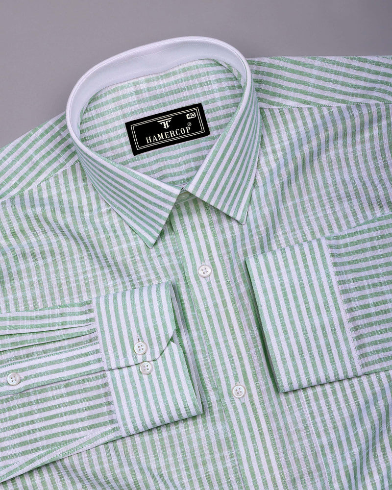 Wexford Green With White Stripe Linen Cotton Designer Shirt