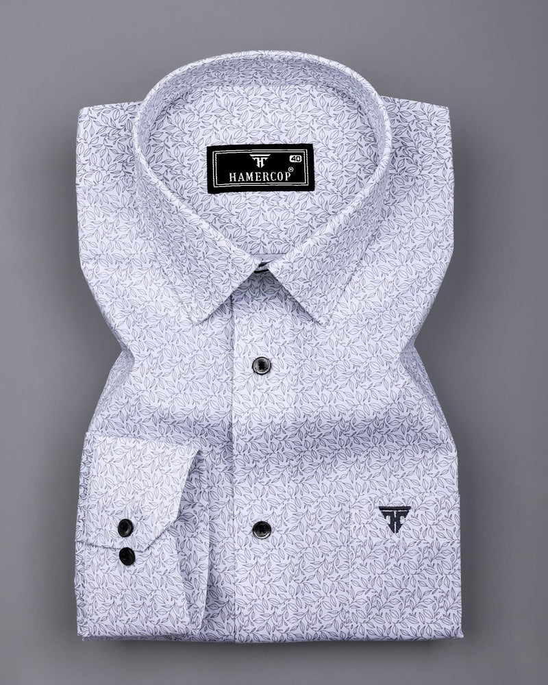 Gray Leaf Printed White Cotton Shirt