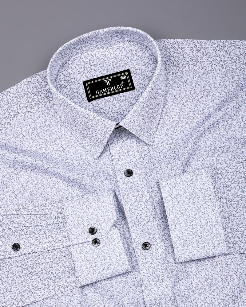 Gray Leaf Printed White Cotton Shirt