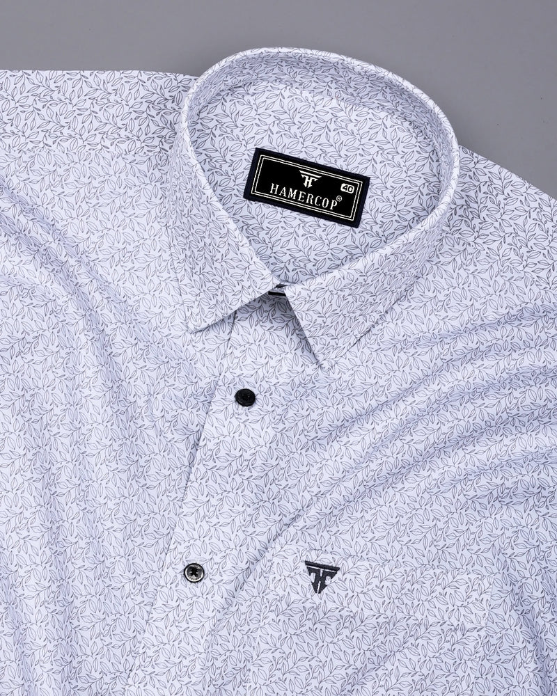 Gray Leaf Printed White Cotton Shirt