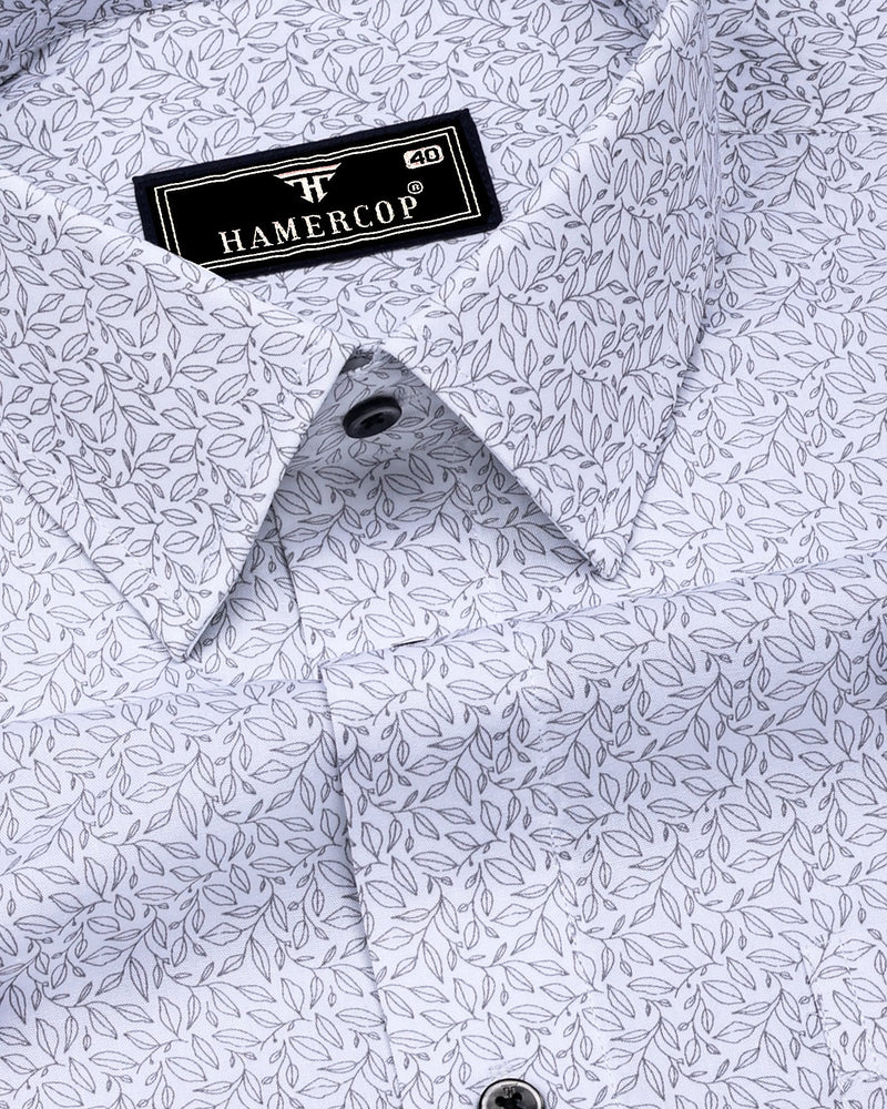 Gray Leaf Printed White Cotton Shirt