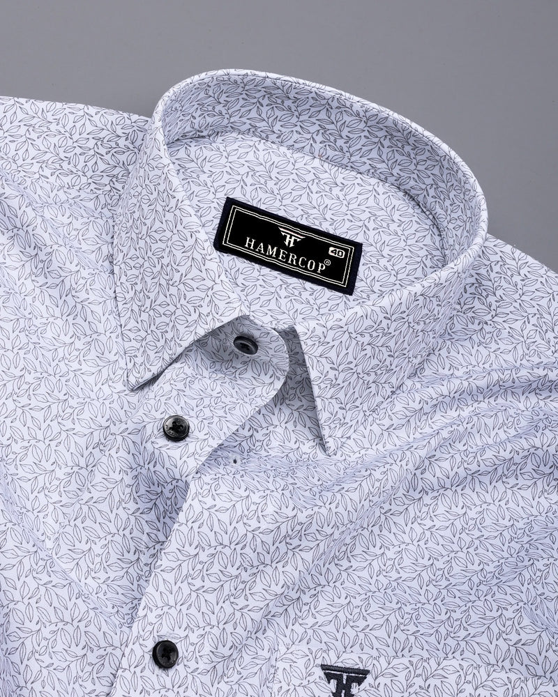 Gray Leaf Printed White Cotton Shirt