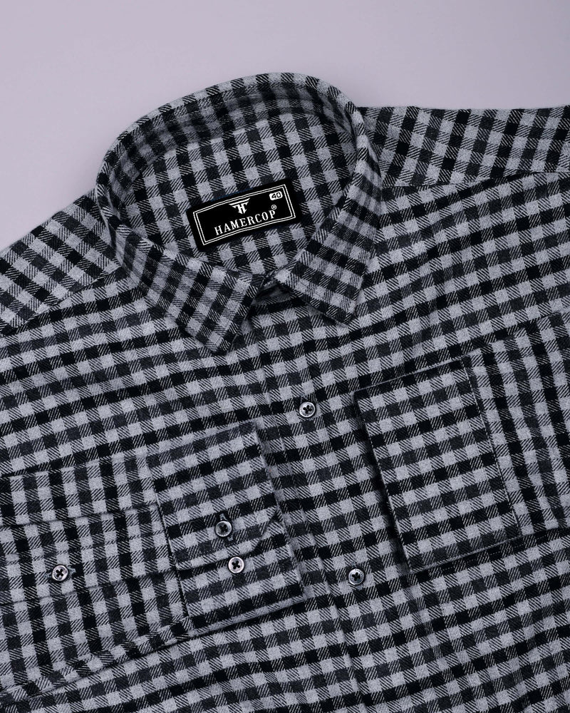Black With Gray Plaid Flannel Brushed Check Cotton Shirt