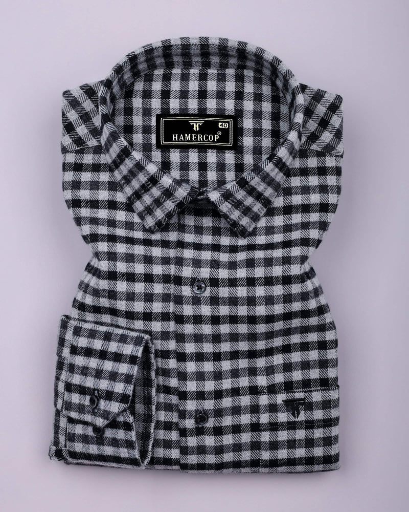 Black With Gray Plaid Flannel Brushed Check Cotton Shirt