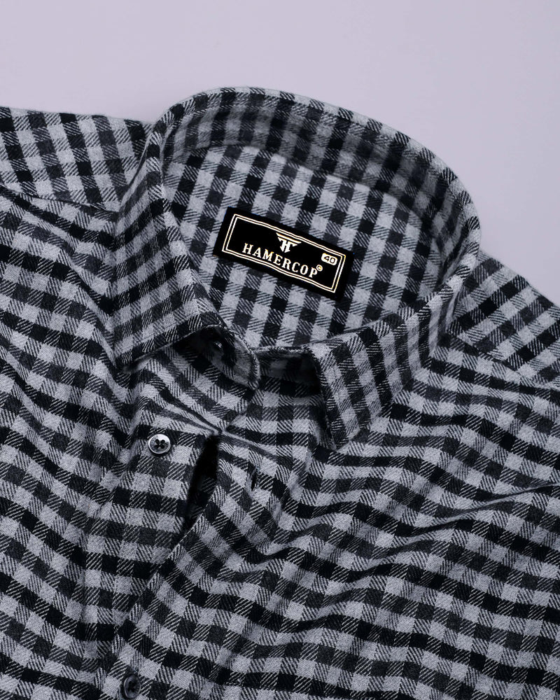 Black With Gray Plaid Flannel Brushed Check Cotton Shirt