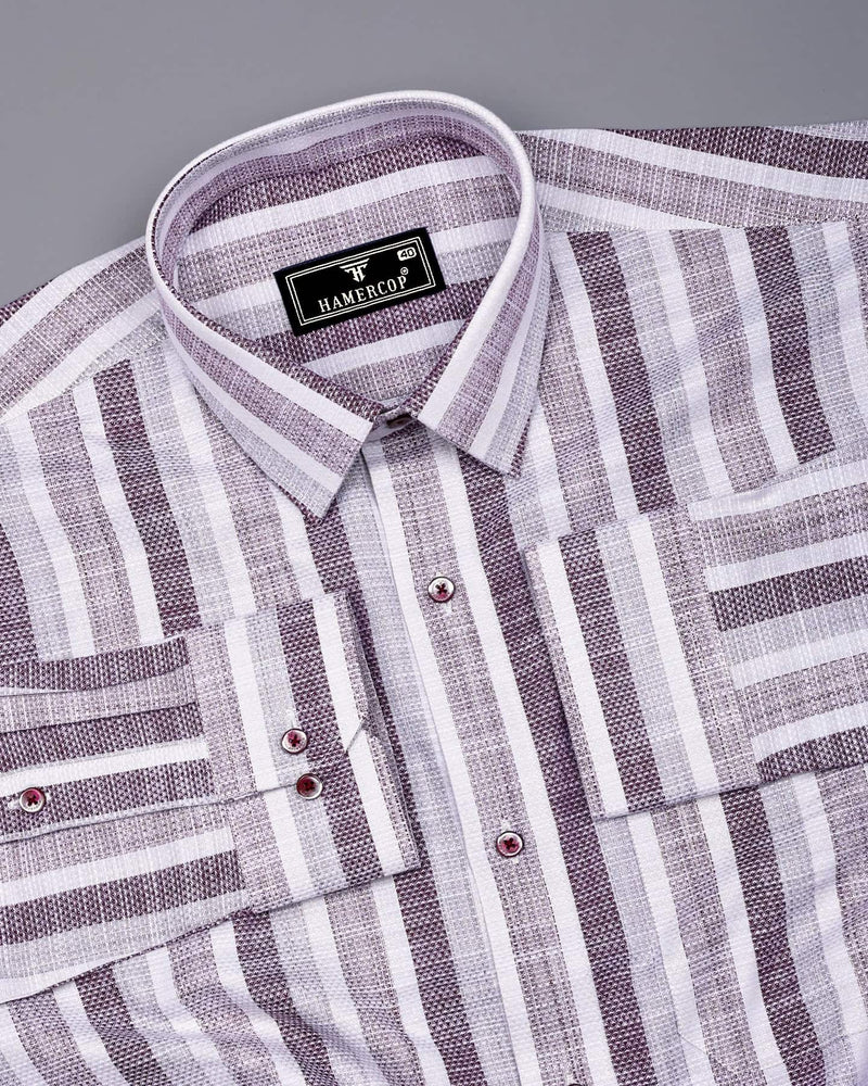 Brunoy Burgundy With Gray Dobby Stripe Cotton Shirt