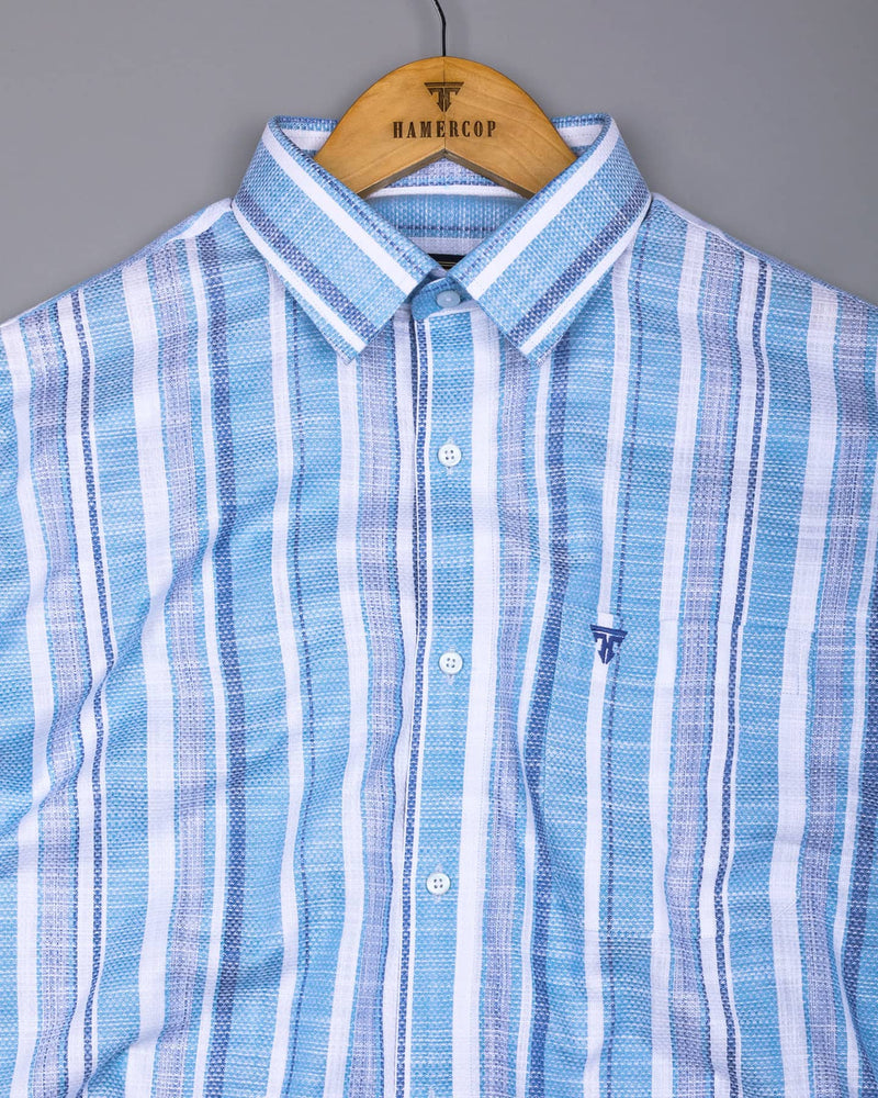 Sinery Blue With White Dobby Stripe Cotton Shirt