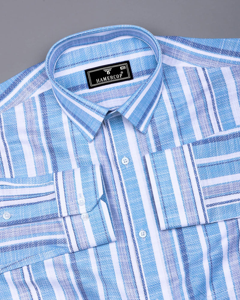Sinery Blue With White Dobby Stripe Cotton Shirt