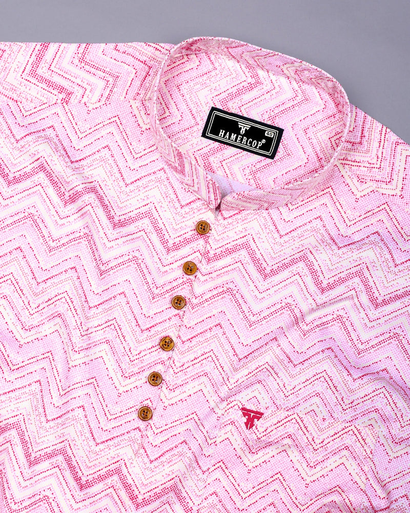 TamTam Pink With Yellow Zigzag Printed Cotton Shirt Style Kurta