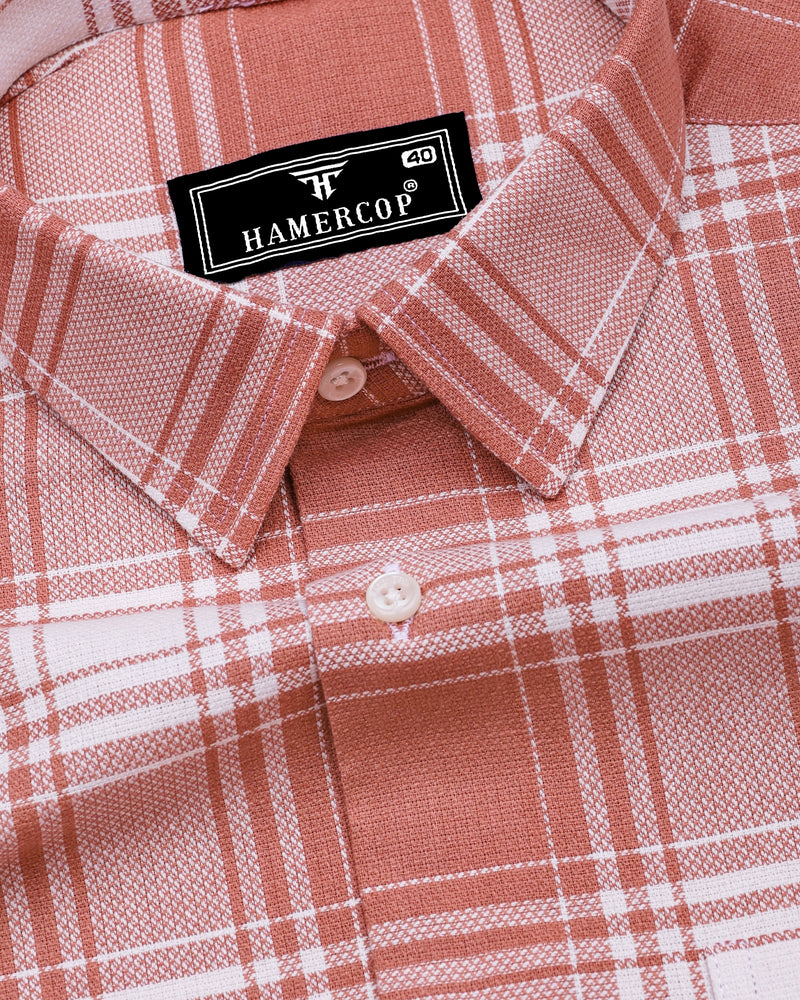 Mongar Peach With White Dobby Check Cotton Shirt