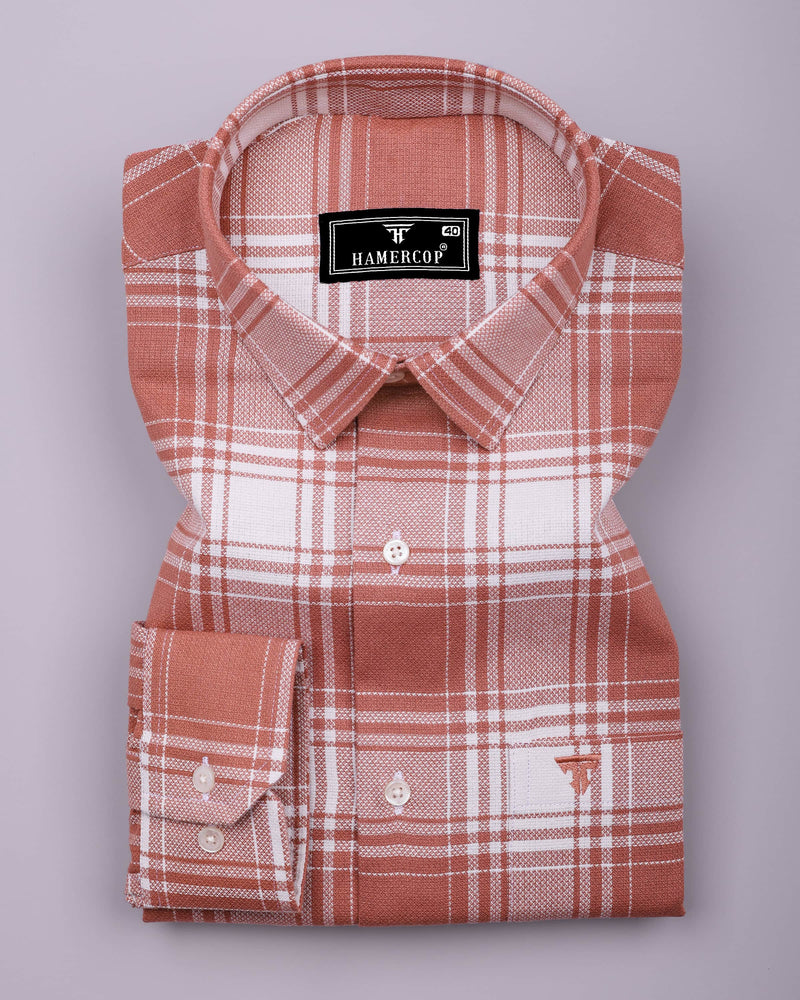 Mongar Peach With White Dobby Check Cotton Shirt