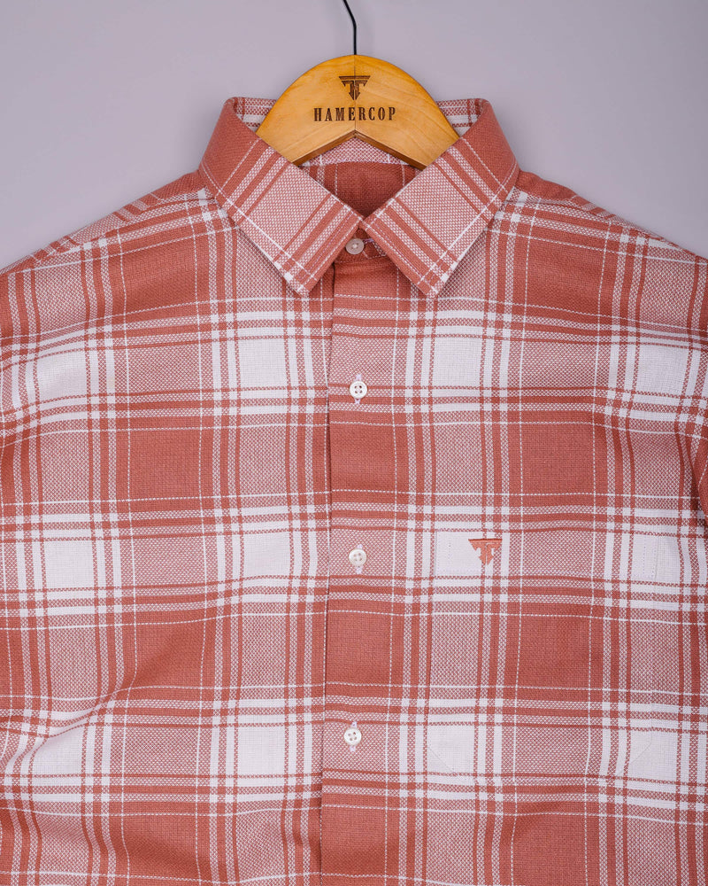 Mongar Peach With White Dobby Check Cotton Shirt