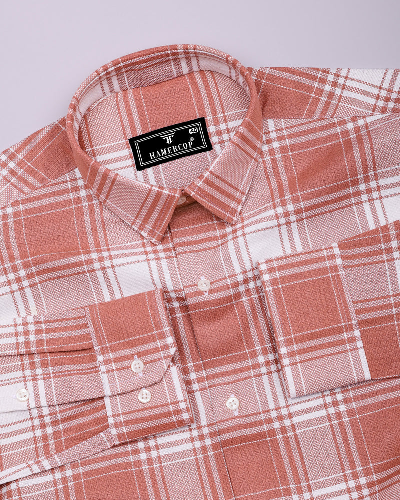Mongar Peach With White Dobby Check Cotton Shirt