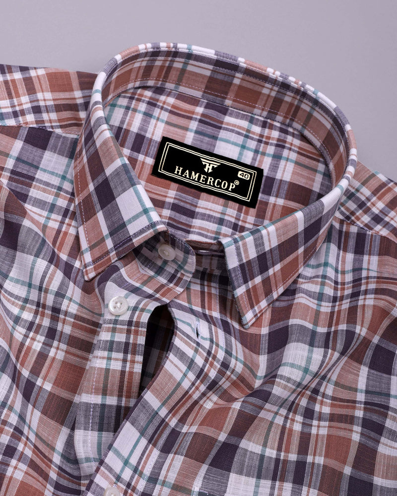 Monar Brown Multicolor Check Linen Cotton Formal Shirt